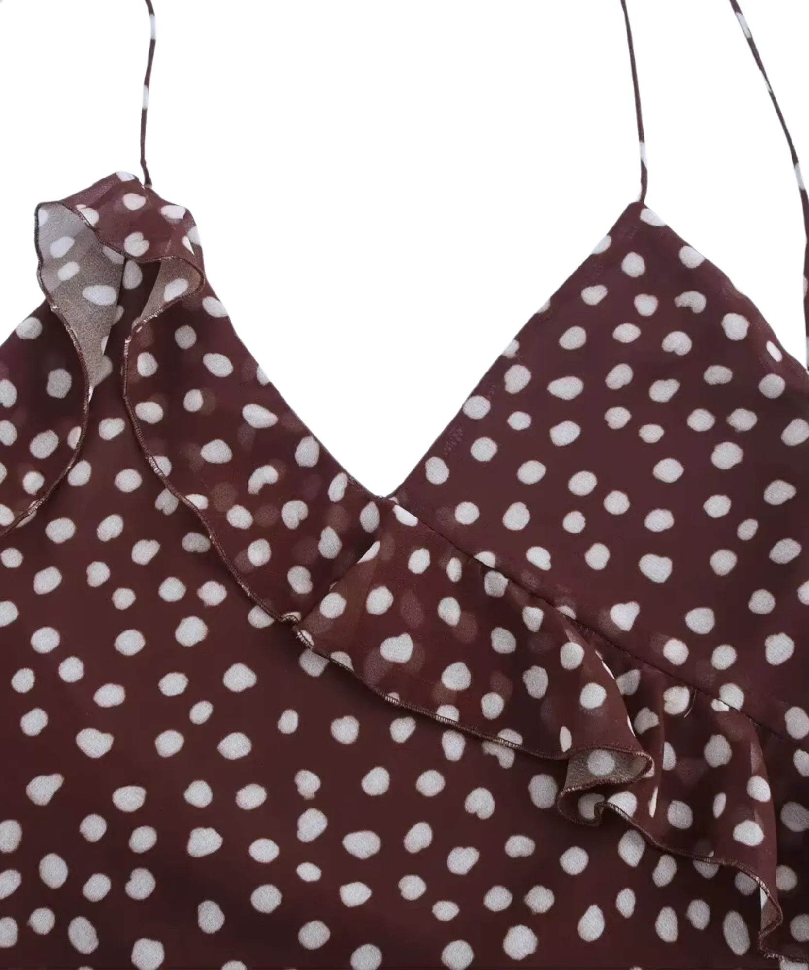 Comprar vestido poá longo com babado no decote marrom em promoção Anellimn