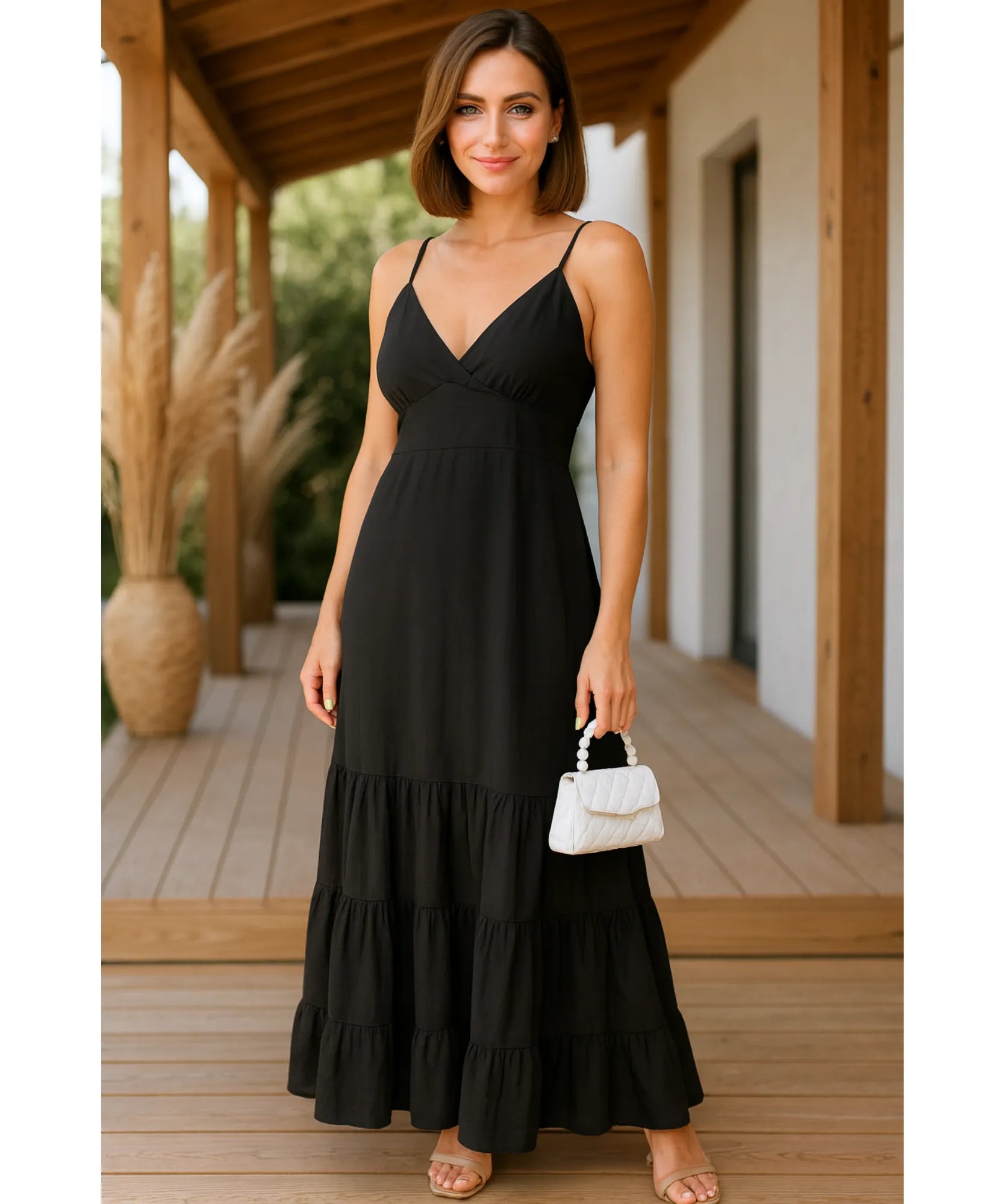 Comprar vestido preto longo feminino babados transpassado elegante para festa social barato em promoção ZARA
