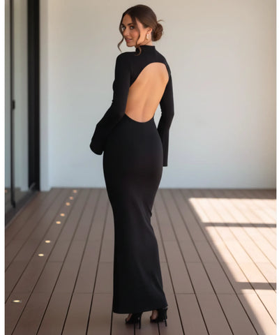 Comprar Vestido preto longo com gola alta e costas abertas elegante para noite, eventos ou balada barato ANELLIMN