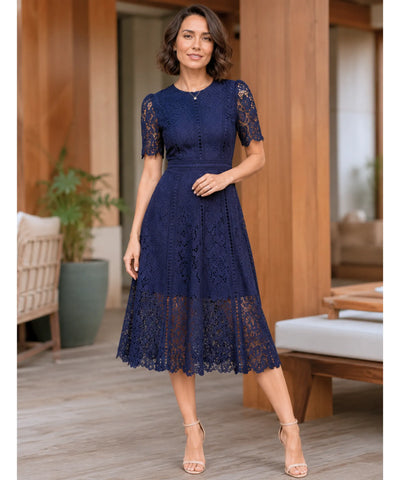 Vestido Renda Midi Guipir Elegante Festa Casamento Dia | Cindy