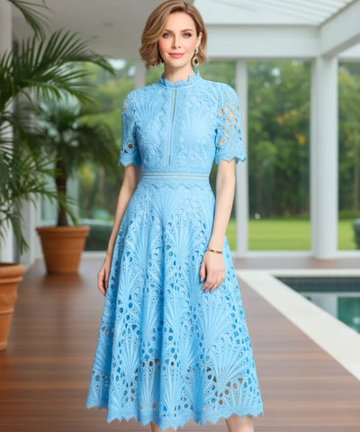 Comprar vestido renda midi guipir manga curta festa casamento dia verão elegante barato LADYDRESS