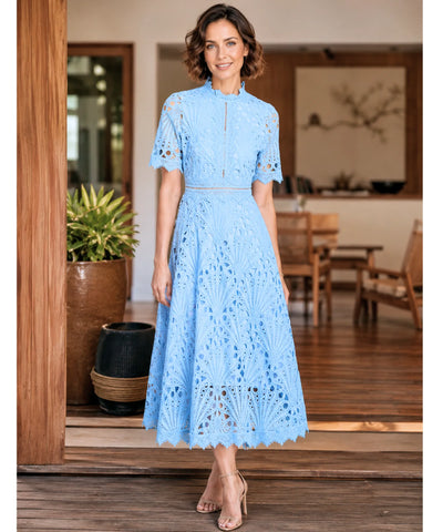 Vestido Renda Midi Guipir Elegante Festa Casamento Dia | Cindy
