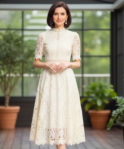 Comprar vestido renda midi guipir manga curta festa casamento dia verão elegante barato LADYDRESS