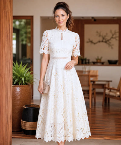 Vestido Renda Midi Guipir Elegante Festa Casamento Dia | Cindy