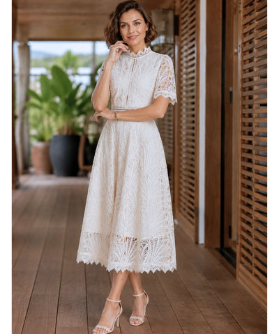 Vestido Renda Midi Guipir Elegante Festa Casamento Dia | Cindy