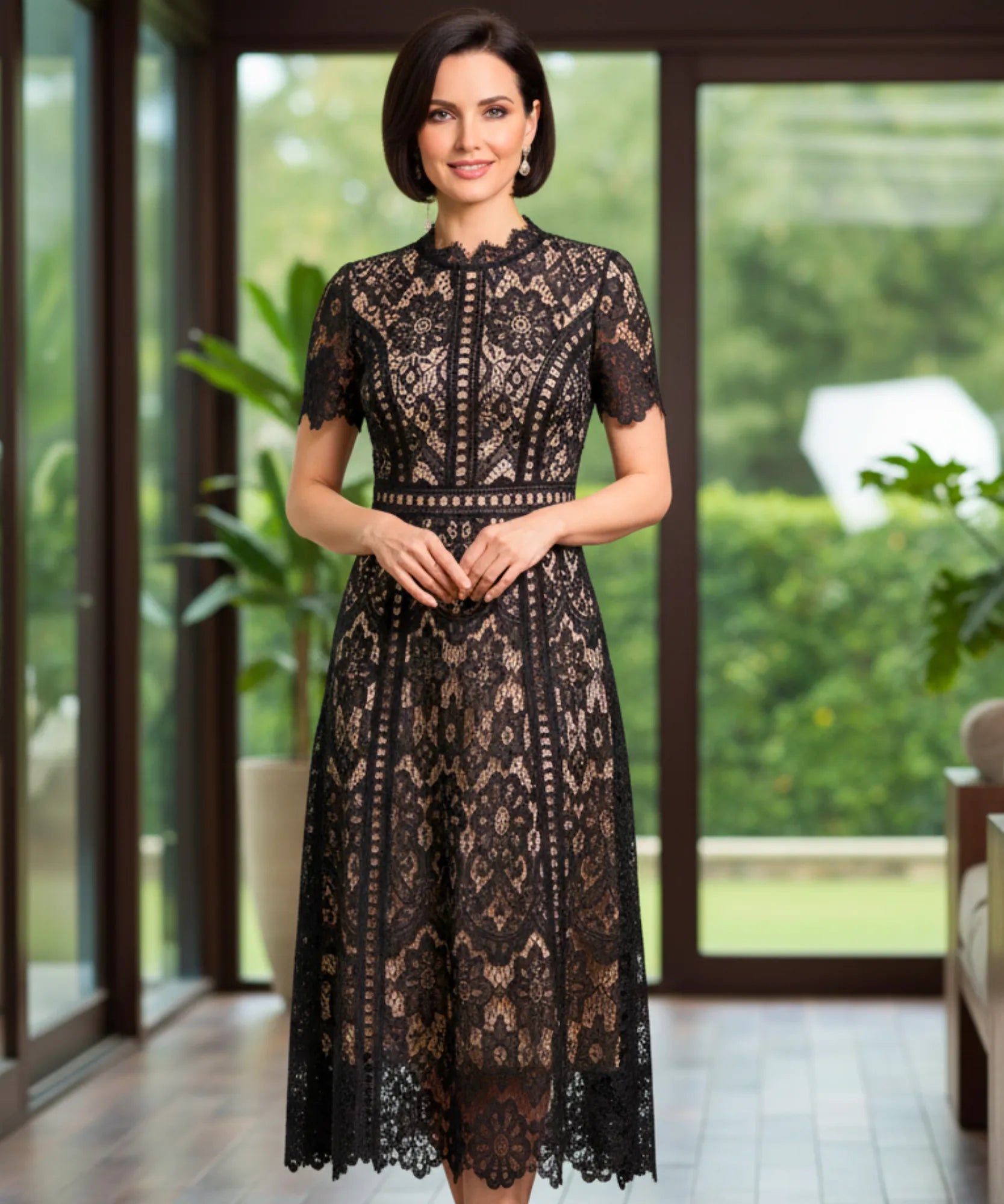 Comprar vestido renda midi guipir manga curta festa casamento dia verão elegante barato LADYDRESS