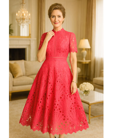Vestido Renda Midi Guipir Elegante Festa Casamento Dia | Cindy