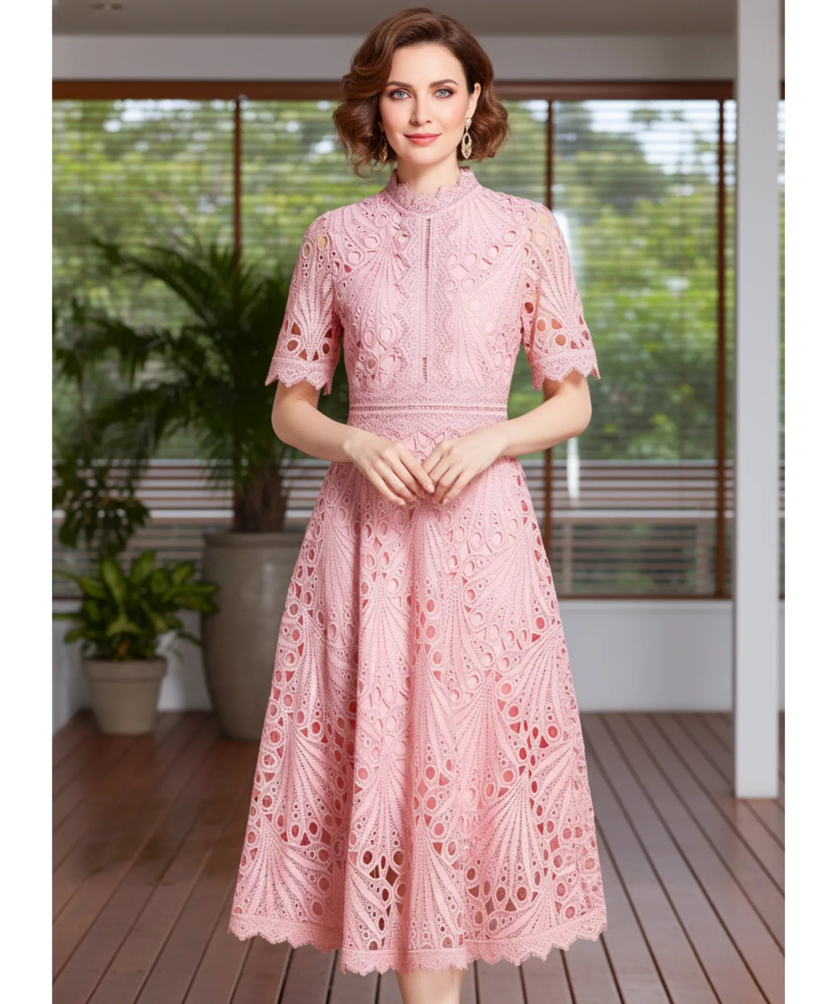 Comprar vestido renda midi guipir manga curta festa casamento dia verão elegante barato LADYDRESS