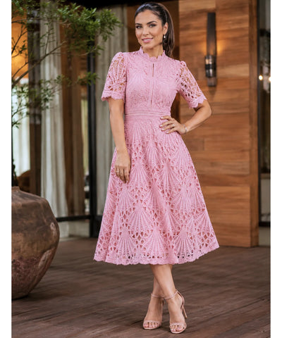 Vestido Renda Midi Guipir Elegante Festa Casamento Dia | Cindy