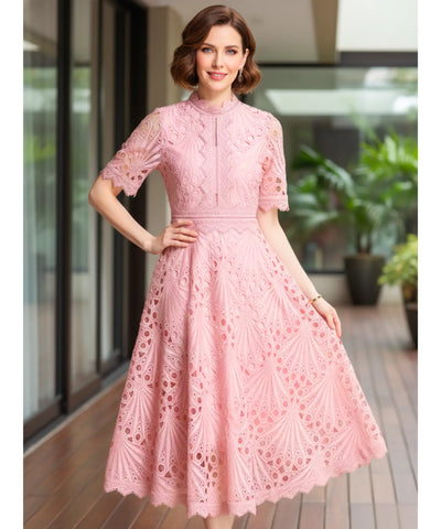 Comprar vestido renda midi guipir manga curta festa casamento dia verão elegante barato LADYDRESS