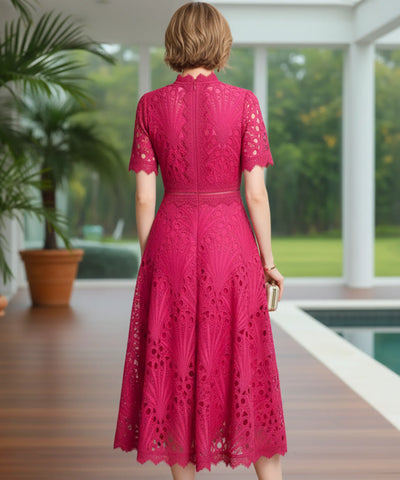 Comprar vestido renda midi guipir manga curta festa casamento dia verão elegante barato LADYDRESS