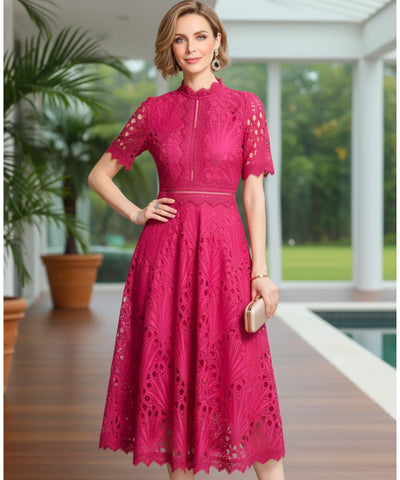 Comprar vestido renda midi guipir manga curta festa casamento dia verão elegante barato LADYDRESS