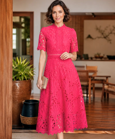 Vestido Renda Midi Guipir Elegante Festa Casamento Dia | Cindy