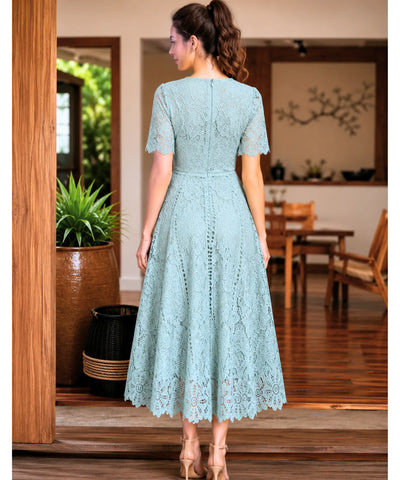 Vestido Renda Midi Guipir Elegante Festa Casamento Dia | Cindy