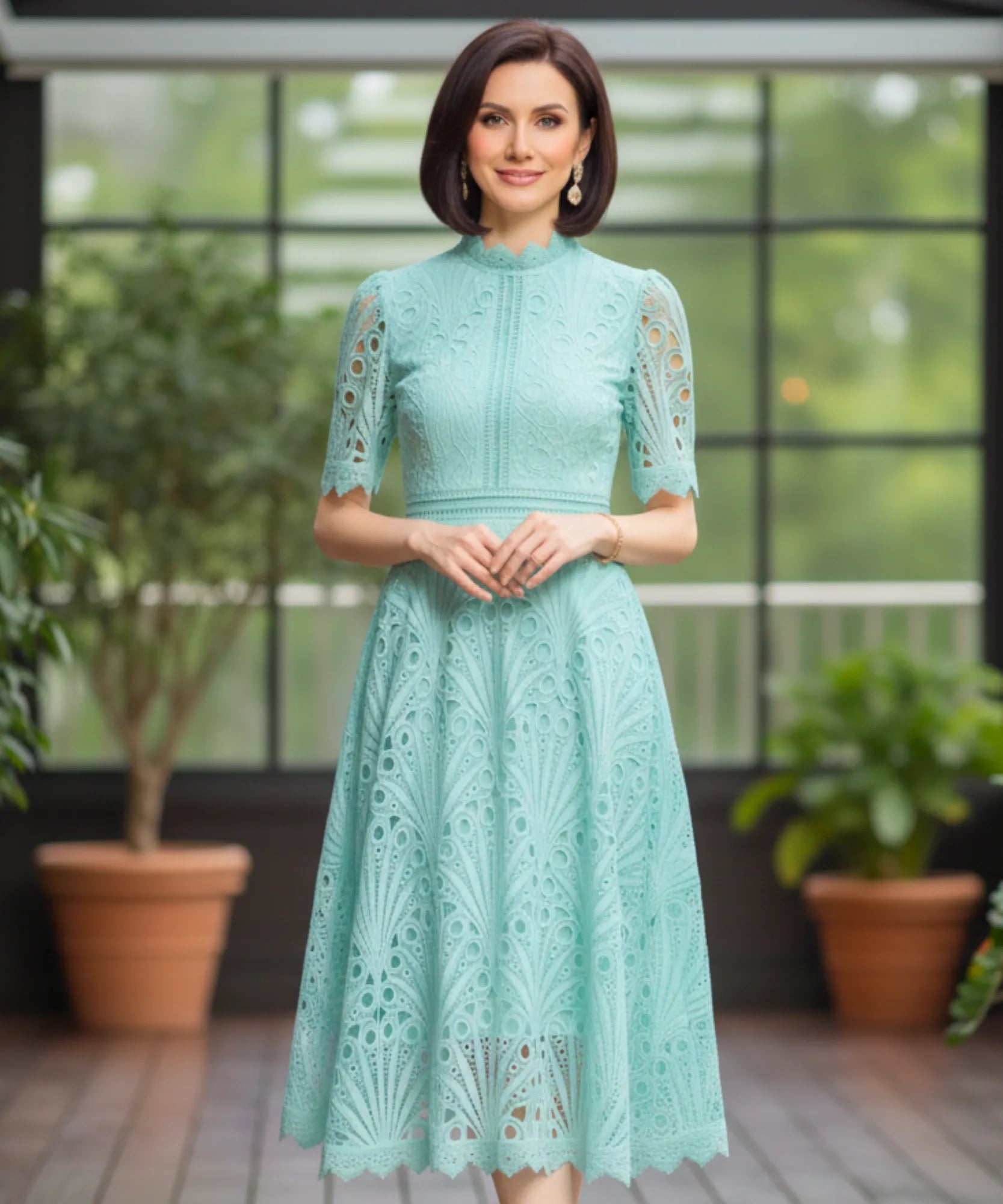 Comprar vestido renda midi guipir manga curta festa casamento dia verão elegante barato LADYDRESS