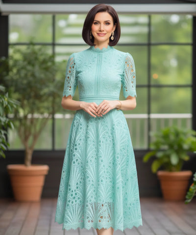 Comprar vestido renda midi guipir manga curta festa casamento dia verão elegante barato LADYDRESS
