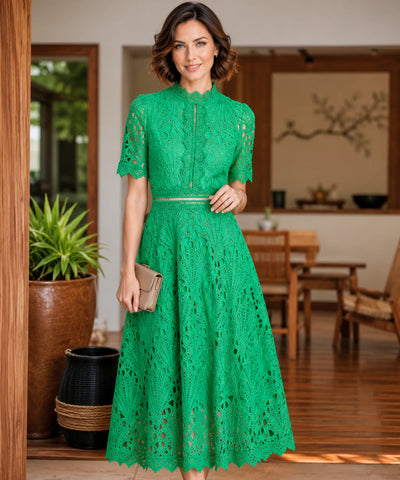 Vestido Renda Midi Guipir Elegante Festa Casamento Dia | Cindy