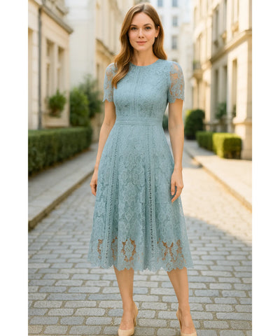 Vestido Renda Midi Guipir Elegante Festa Casamento Dia | Cindy