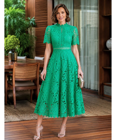 Vestido Renda Midi Guipir Elegante Festa Casamento Dia | Cindy