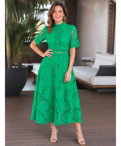 Vestido Renda Midi Guipir Elegante Festa Casamento Dia | Cindy