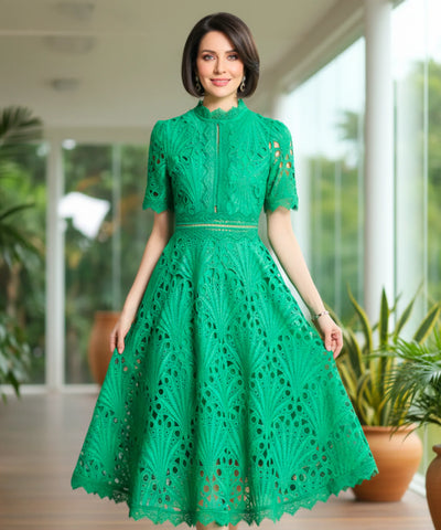 Comprar vestido renda midi guipir manga curta festa casamento dia verão elegante barato LADYDRESS