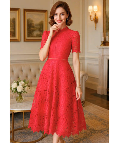 Vestido Renda Midi Guipir Elegante Festa Casamento Dia | Cindy