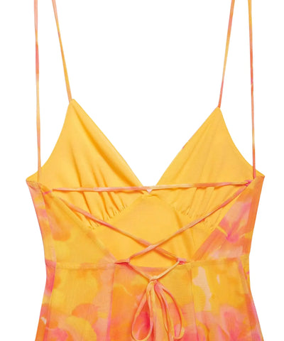 Comprar vestido soltinho curto estampado tule detalhe costas de amarração laranja barato Anellimn