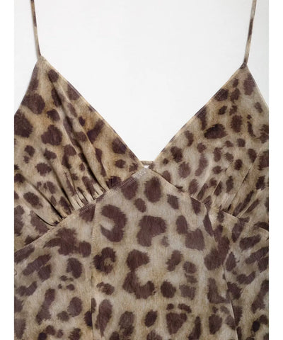 Comprar vestido soltinho curto estampado tule detalhe decote V oncinha bege barato Anellimn