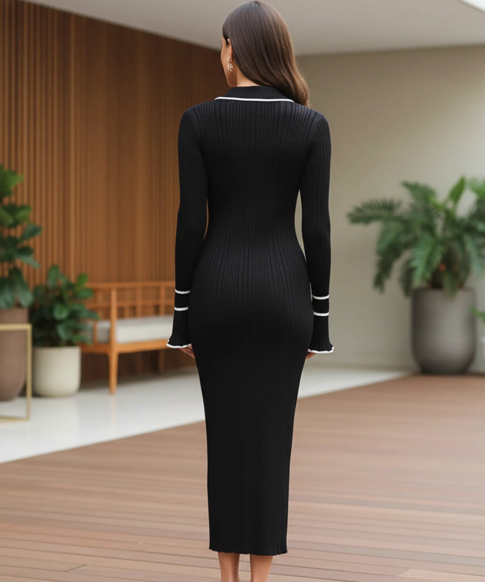 Comprar vestido tricot feminino longo canelado gola polo manga longa elegante barato ANELLIMN