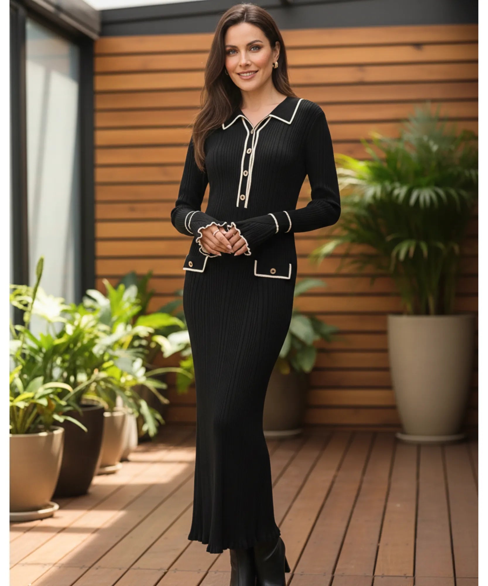 Comprar vestido tricot feminino longo canelado gola polo manga longa elegante barato ANELLIMN