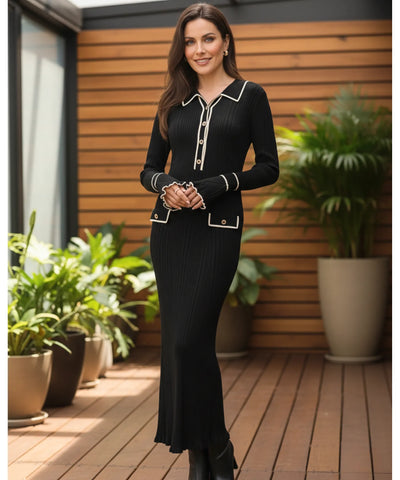 Comprar vestido tricot feminino longo canelado gola polo manga longa elegante barato ANELLIMN