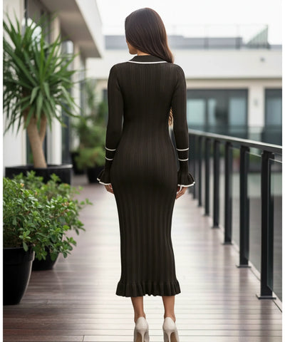 Comprar vestido tricot feminino longo canelado gola polo manga longa elegante barato ANELLIMN