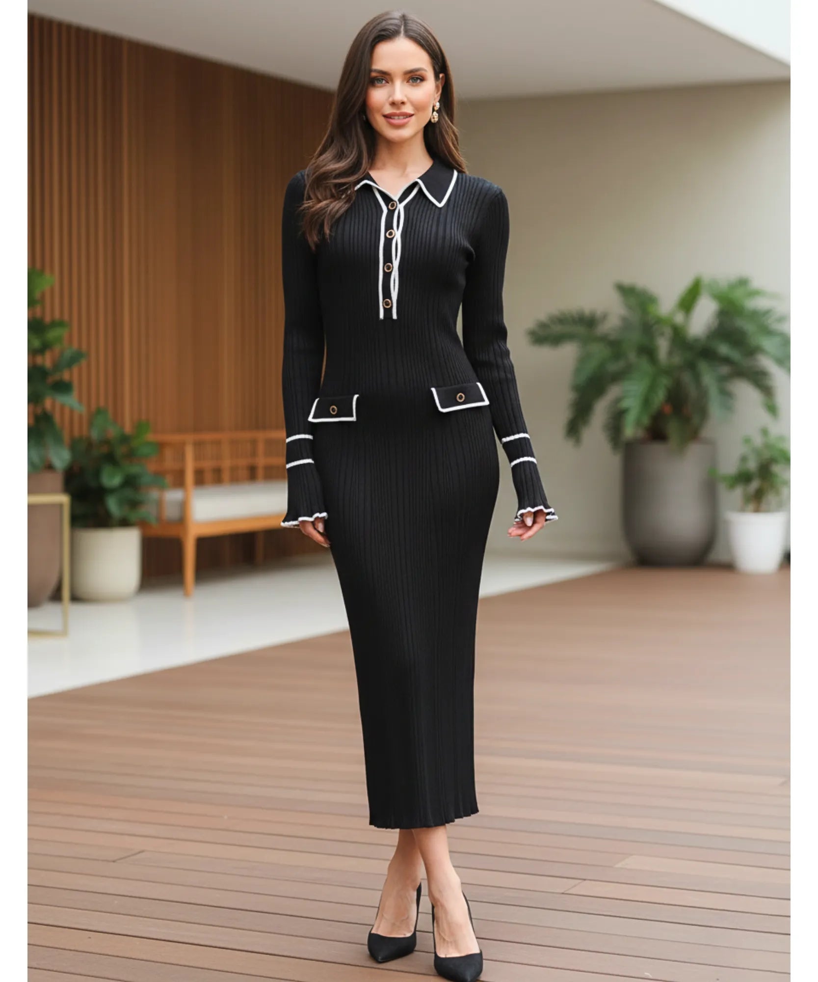 Comprar vestido tricot feminino longo canelado gola polo manga longa elegante barato ANELLIMN