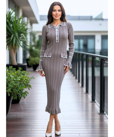 Comprar vestido tricot feminino longo canelado gola polo manga longa elegante barato ANELLIMN
