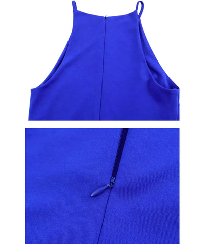 Vestido tubinho curto azul royal, detalhe do tecido e ziper invisivel nas costas