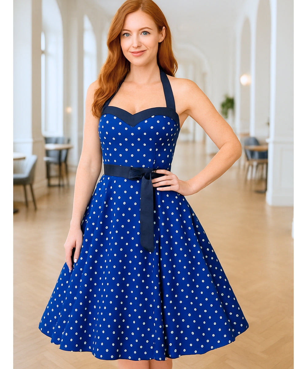 Comprar vestido vintage de poá com laço feminino azul com estilo retrô, anos 60, 80 e caimento elegante  em promoção ANELLIMN
