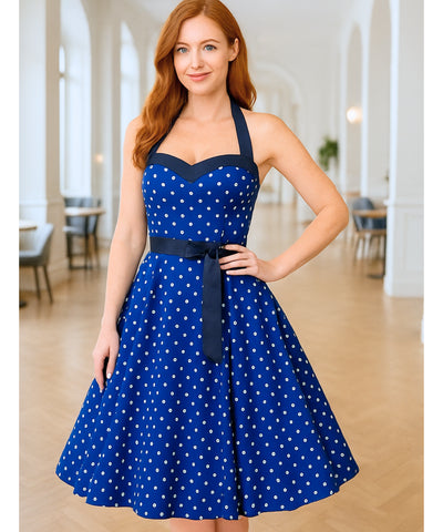 Comprar vestido vintage de poá com laço feminino azul com estilo retrô, anos 60, 80 e caimento elegante  em promoção ANELLIMN
