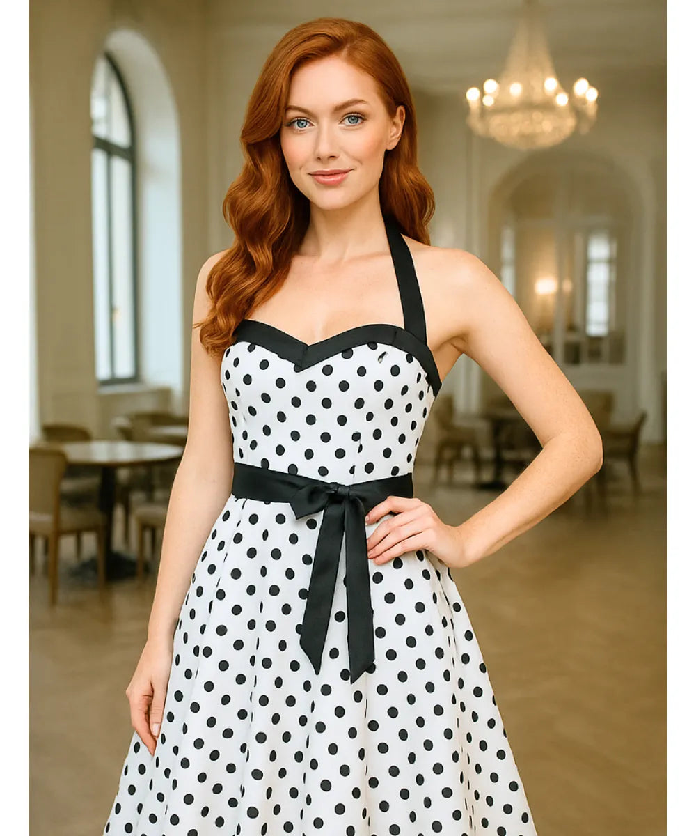 Comprar vestido vintage de poá com laço feminino branco com estilo retrô, anos 60, 80 e caimento elegante  em promoção ANELLIMN
