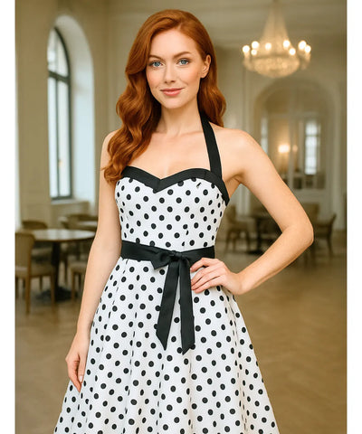 Comprar vestido vintage de poá com laço feminino branco com estilo retrô, anos 60, 80 e caimento elegante  em promoção ANELLIMN
