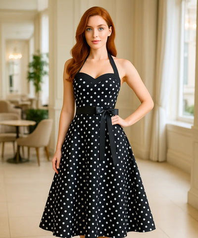 Comprar vestido vintage de poá com laço feminino preto com estilo retrô, anos 60, 80 e caimento elegante  em promoção ANELLIMN
