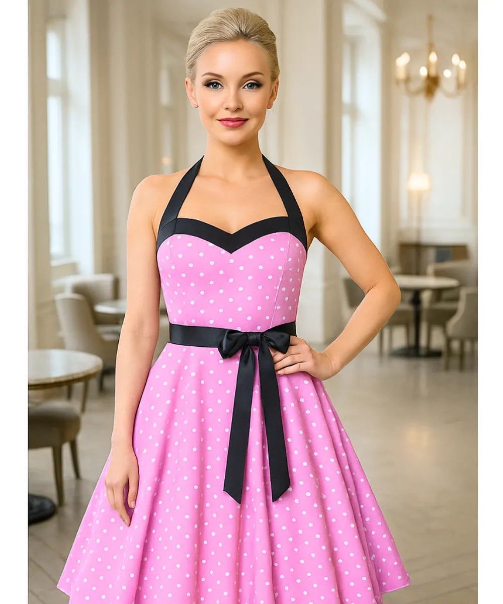 Comprar vestido vintage de poá com laço feminino rosa com estilo retrô, anos 60, 80 e caimento elegante  em promoção ANELLIMN
