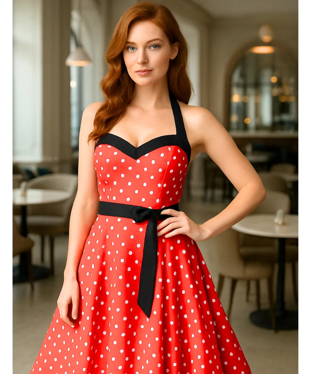 Comprar vestido vintage de poá com laço feminino vermelho com estilo retrô, anos 60, 80 e caimento elegante  em promoção ANELLIMN
