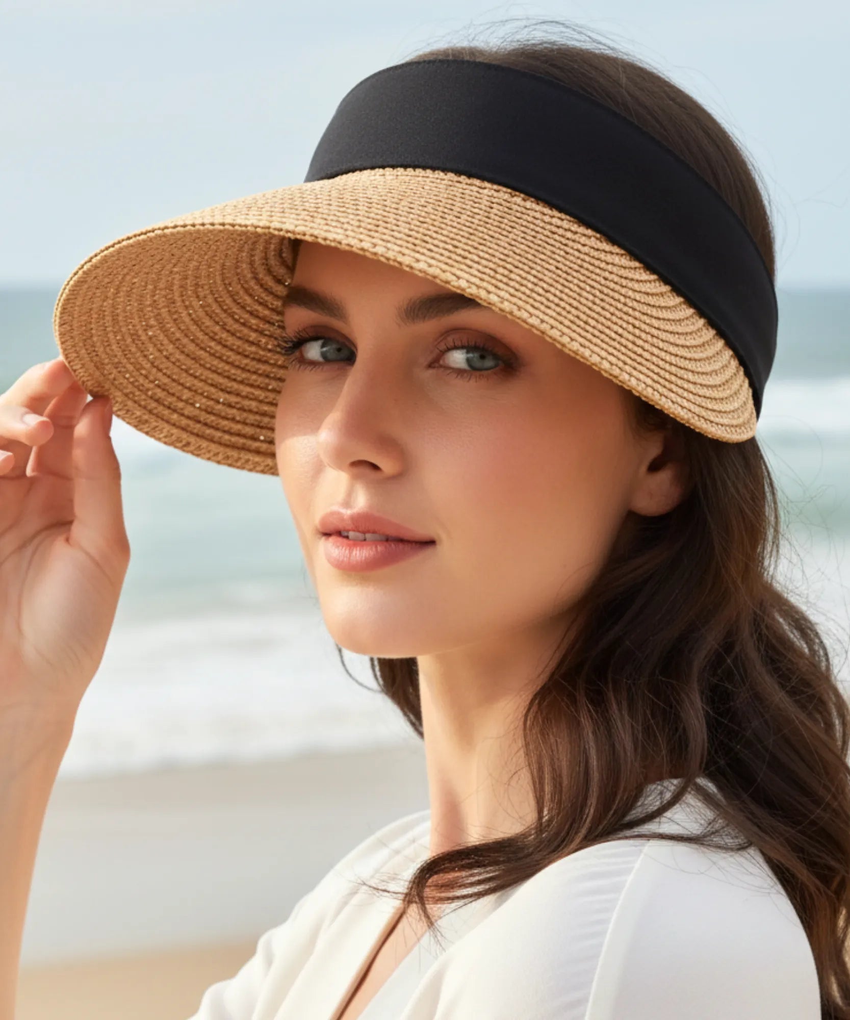 Comprar viseira feminina aba larga ajustável topo aberto com faixa elástica leve respirável para praia verão corrida proteção solar UV barato ou em promoção ANELLIMN
