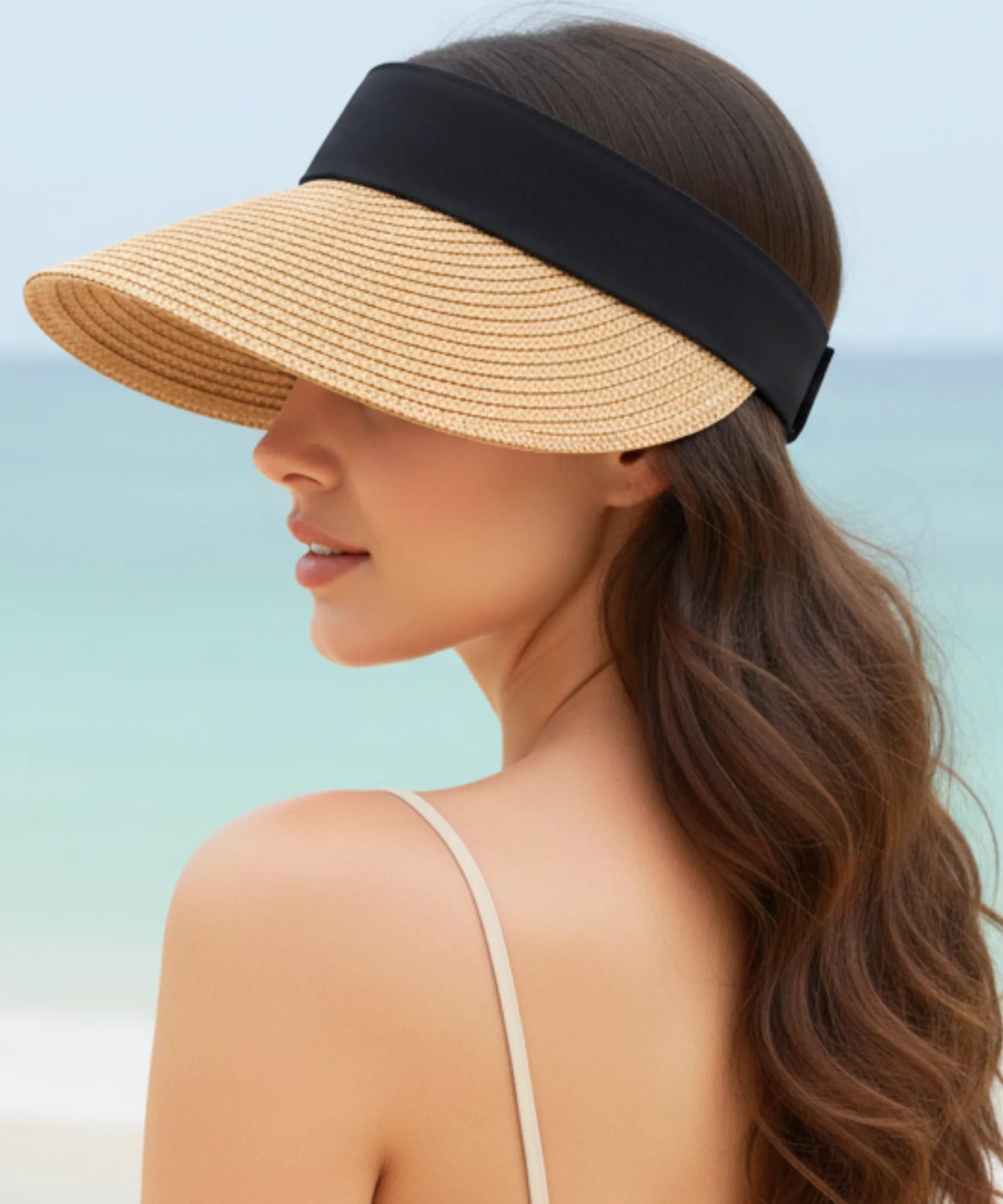 Comprar viseira feminina aba larga ajustável topo aberto com faixa elástica leve respirável para praia verão corrida proteção solar UV barato ou em promoção ANELLIMN
