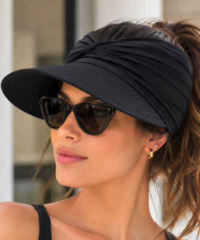 Viseira feminina preta ajustável, ideal para praia e dias de sol intenso