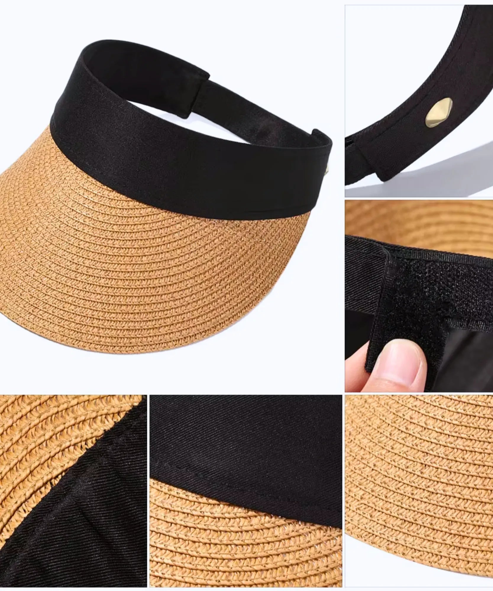 Detalhe da viseira feminina: faixa elástica, fecho de velcro ajustável e textura trançada