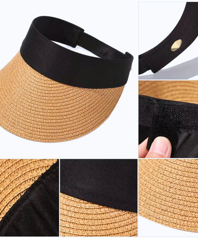 Detalhe da viseira feminina: faixa elástica, fecho de velcro ajustável e textura trançada