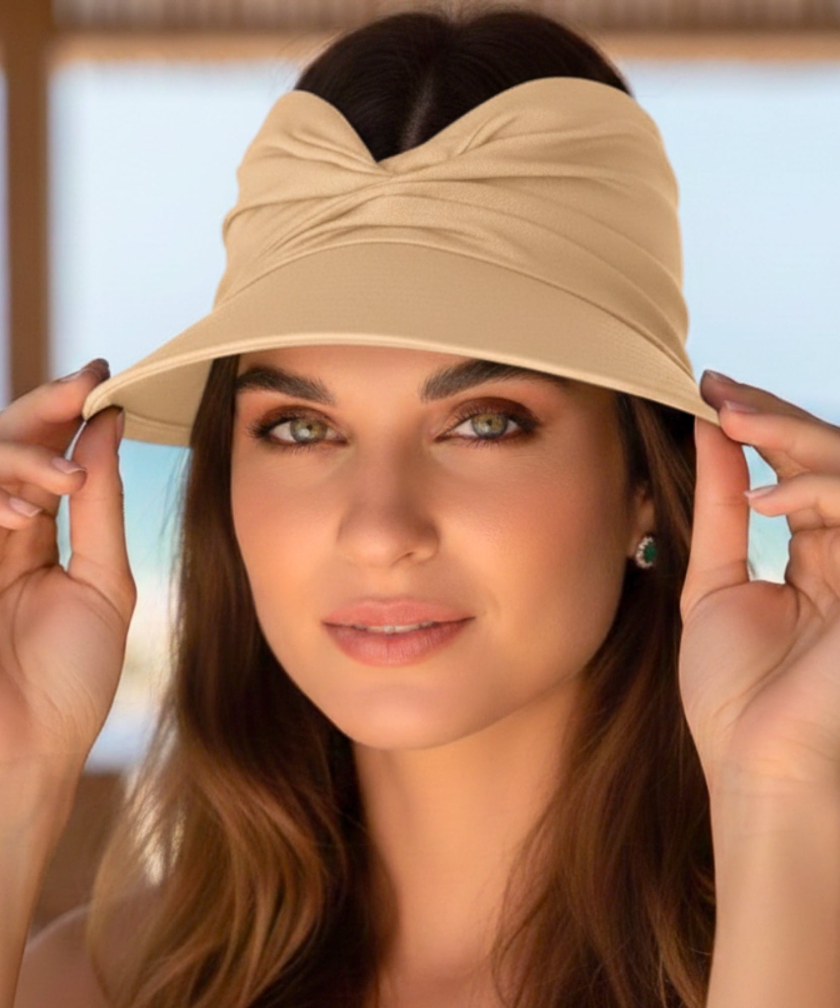 Comprar viseira feminina com topo franzido drapeado ajustável proteção UV para praia verão corrida e atividades barato