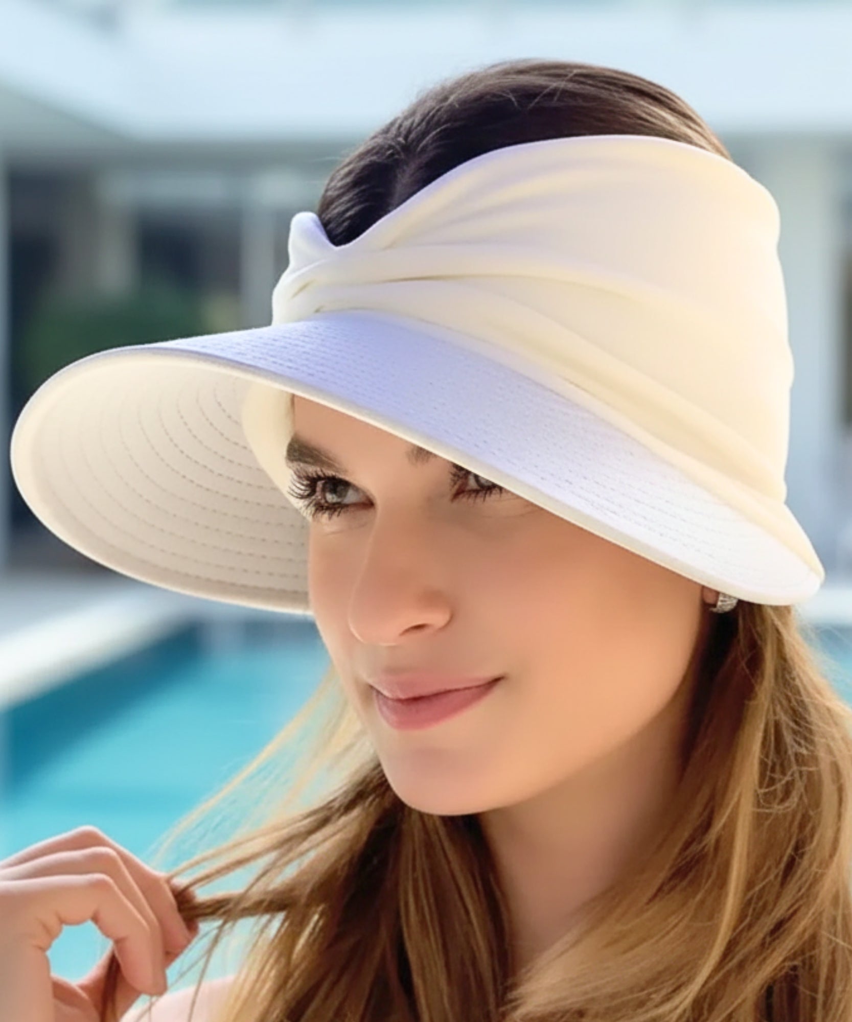 Comprar viseira feminina com topo franzido drapeado ajustável proteção UV para praia verão corrida e atividades barato