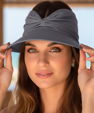 Comprar viseira feminina com topo franzido drapeado ajustável proteção UV para praia verão corrida e atividades barato